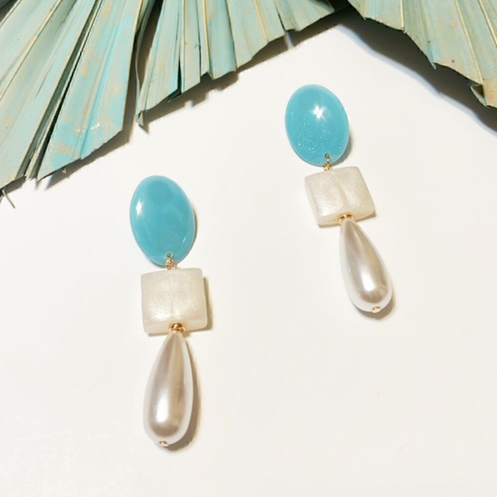Anthropologie Blue Teal and Pearl Drop Earrings